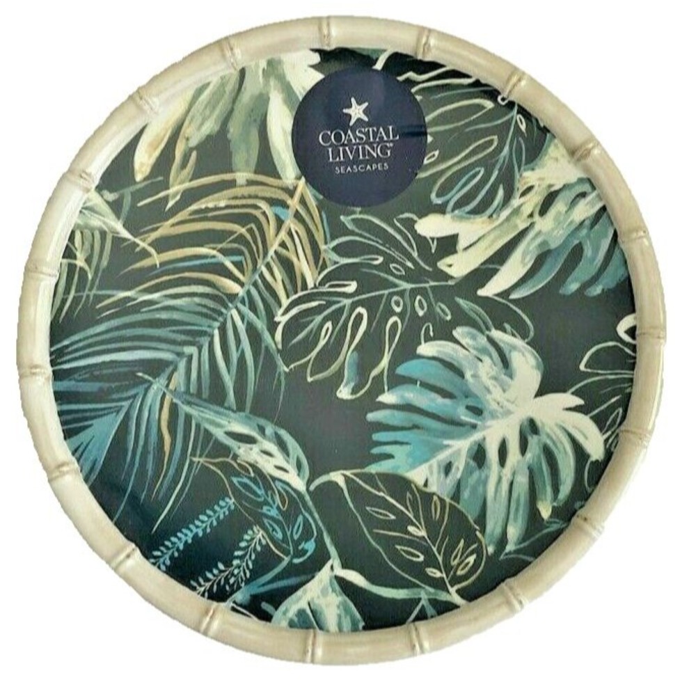 Blue Palm Leaf Melamine Plates 9" Dessert Salad Lunch Set of 4 Beach Summer